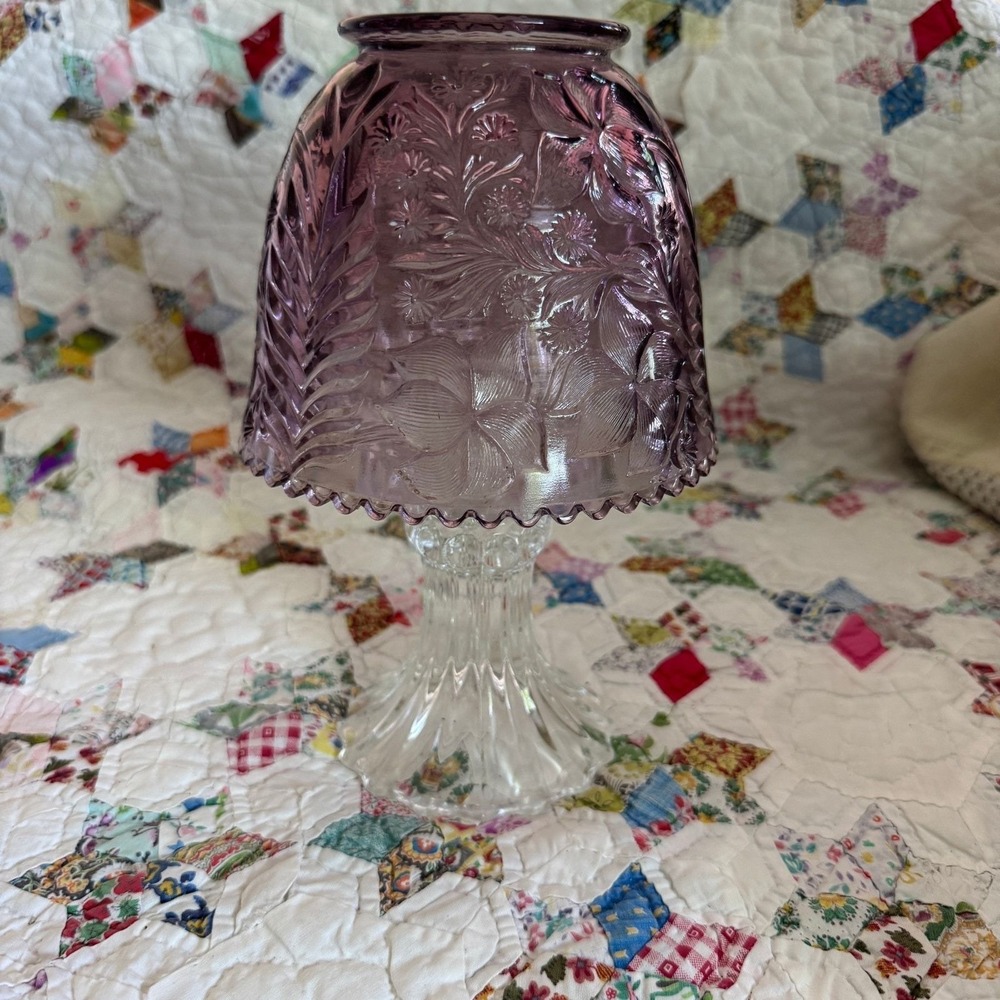 Vintage Purple Pressed Glass Floral Fairy Lamp Candle Holder 2 Piece Clear Base